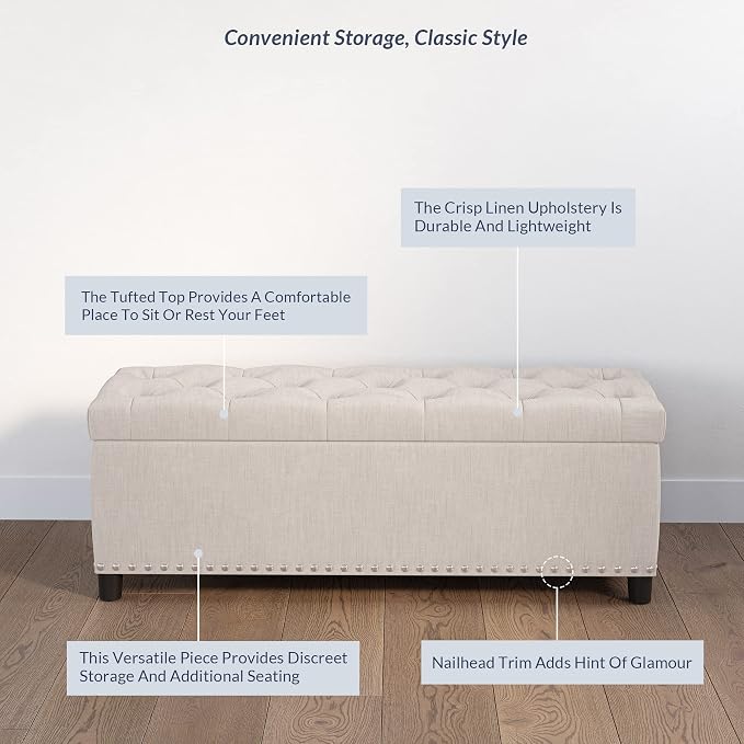 BELLEZE Storage Ottoman, Tufted Ottoman with Close Hinge, Foot Rest for Living Room (Beige, 47 inch)