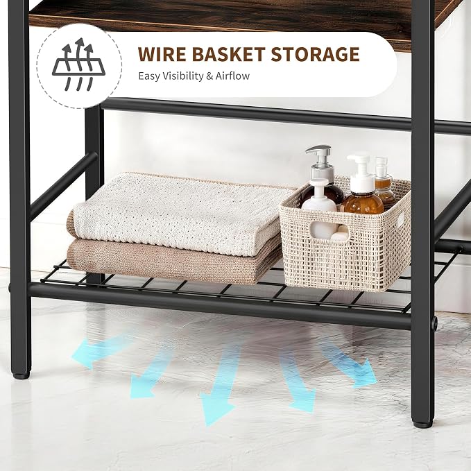 3-Tier Towel Rack, Freestanding Bathroom Storage | Sturdy Metal Frame, Wood Shelves, Wire Basket, Curved Towel Bar, Space-Saving Vertical Organizer for Bathroom, Laundry & Pool