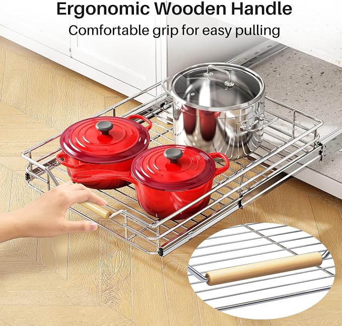 Pull out Cabinet Organizer, 12"W X 21"D, Heavy Duty Smooth Sliding Under Cabinet Shelves for Pots and Pans, Full-Extension Roll out Drawers, Slide out Organization for Home Kitchen Pantry
