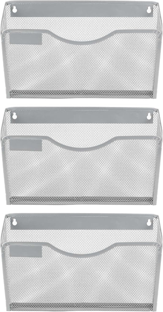 EasyPAG 3 Pack Wall File Organizer with Label Panel, Metal Mesh Hanging File Folder Holder for Letter/A4 Size Folders, Vertical Wall Mount Mail Sorter for Office Paperwork, Classroom, Silver
