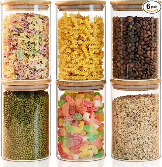 Liuruiyu 50oz Glass Food Storage Jars Set of 6,Glass Storage Containers Clear Glass Food Canister with Bamboo Lid Airtight For Serving Tea, Coffee, Flour, Sugar, Candy, Cookie, Spice and More (Round)