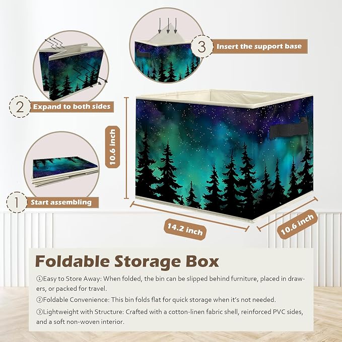 Starry Night Forest Storage Box Bins, Galaxy Star Sky Pine Tree Woods Collapsible Storage Basket Organizer for Bedroom Bathroom Home Clothes Books, Decor for Room