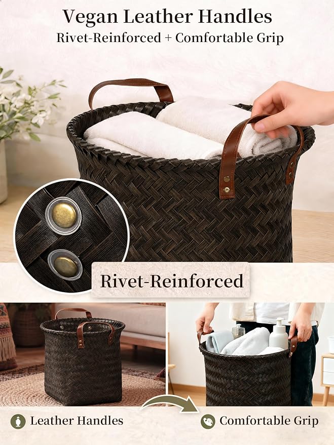 Wicker Storage Baskets, 4 Pack Woven Baskets for Shelves, Dark Gold | PP Rattan, Water-resistant Wicker Basket, Large Baskets with Faux Leather Handles for Blanket, Laundry Organizer, Room Decor