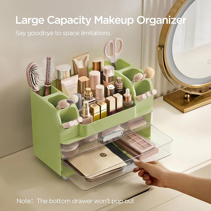 HBlife Makeup Organizer for Vanity with Brush Holder, Large Bathroom Countertop Cosmetic Organizer Skincare Storage, Easy to Store Lipsticks, Nail Polishes, Perfumes, Eyeshadow Palettes, Avocado Green