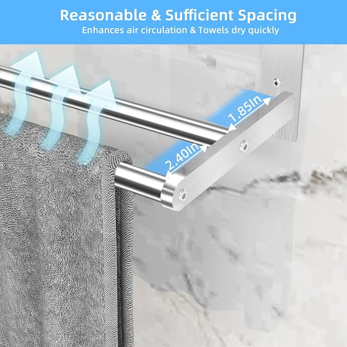 KLJKPA 24 Inch Towel Racks for Bathroom Wall-Mount, 3-Tier, Brushed Nickel | Towel Shelf with Double Towel Bar, Towel Holder, Towel Storage for Bathroom Lavatory, Stainless Steel, Space Saving