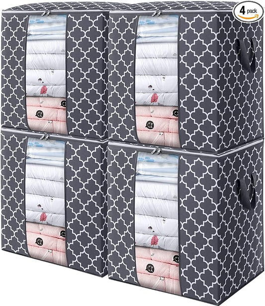 WISELIFE Storage Bags 4 Pack/100L Large Blanket Clothes Organization and Storage Containers for Comforters,Bedding, Foldable Organizer with Reinforced Handle, Clear Window, Sturdy Zippers,Gray