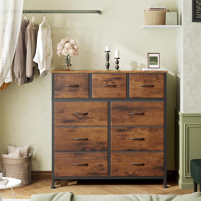OLIXIS 9 Drawer Tall Dresser for Bedroom, Closet Organizers and Storage | Fabric Dresser with Wooden Top, Chest of Drawers for Clothes Storage, Tower Cabinet, Furniture, TV Stand, Rustic Brown