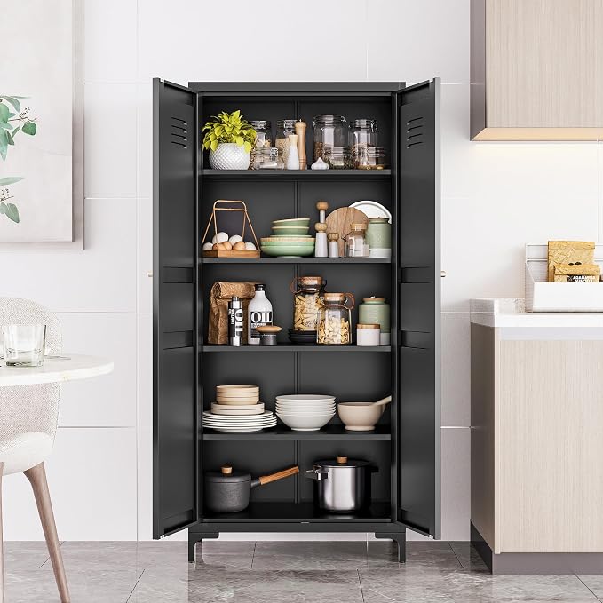 SISESOL Metal Storage Cabinet with Doors and Shelves,Black Storage Cabinet with Leg,Metal Pantry Cabinets,Ventilated Pantry Closet,Tall Large Cupboard for Home,Kitchen,Dining/Living/Laundry Room