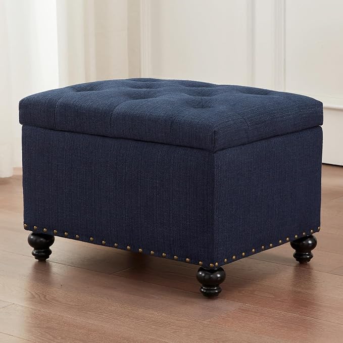Zihanhome Small Ottoman with Storage, Upholstered Button Tufted Bench, 24" Rectangle Storage Ottoman Foot Rest, Foot Stools, for Living Room, Bedroom, Corners, Dorms and Apartments (Dark Blue)