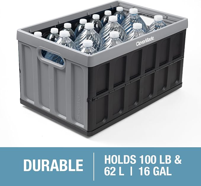 CleverMade Collapsible Storage Bins with Lids, 62L, 3 Pack, Ocean | Large-capacity bins support 100 lb and stack securely. The lid stores underneath, and each crate folds to 2.5 inches.