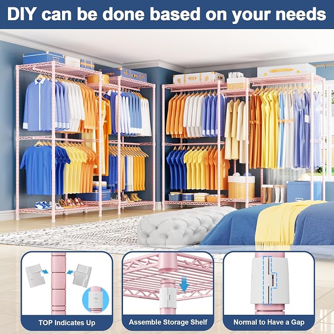 E12 Pro Clothes Rack，Heavy Duty Freestanding Garment Rack with Shelves，Metal Clothing Closet Storage System for Hanging Clothes，71" W x 16" D x 76.5" H, Hold 960 lbs，Pink