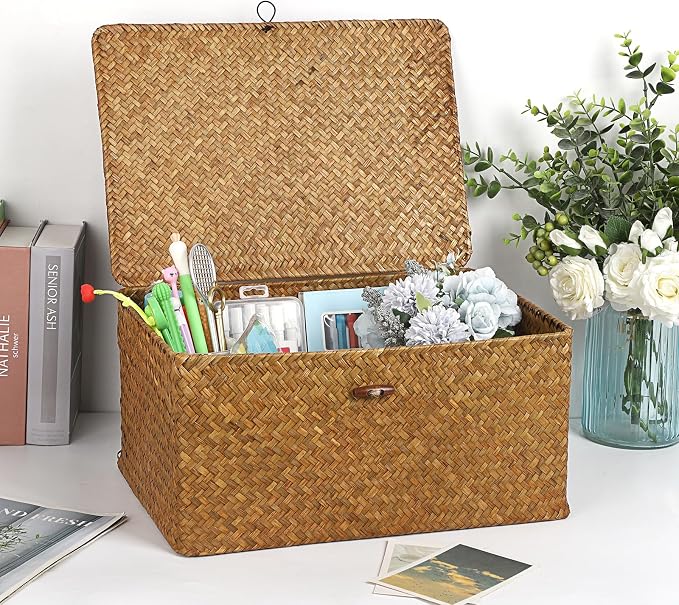 Hipiwe Wicker Shelf Baskets Bin with Lid Handwoven Storage Basket, X-Large | Rectangular Basekts Bins Natural Seagrass Household Basket Boxes for Shelf Wardrobe Home Organizer, Caramel