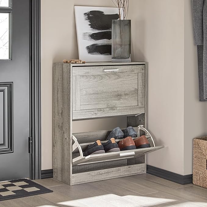 Haotian Enclosed Shoe Rack for Entryway | Shoe Cabinet with 2 Flip Drawers, Slim Shoe Storage Organizer for Hallway or Small Spaces, Grey, FSR137-HG