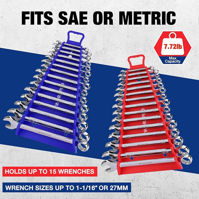 WORKPRO Magnetic Wrench Organizer, 15-Slot Gripper Wrench Holder | 2-Pack Wrench Rack for Tool Box, Fits SAE (1/4" to 1-1/16") and Metric (6mm to 27mm), Flexible Grips, Blue and Red