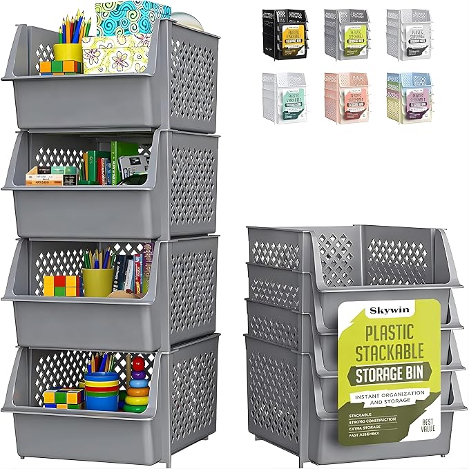 Skywin Stackable Storage Bins Open Front for Pantry Storage, 4 Pack - Grey | Sturdy Plastic, Easy Stacking, Open Front Access, Ventilated Sides, Vertical & Space Saving Pantry Organizers and Storage Bin