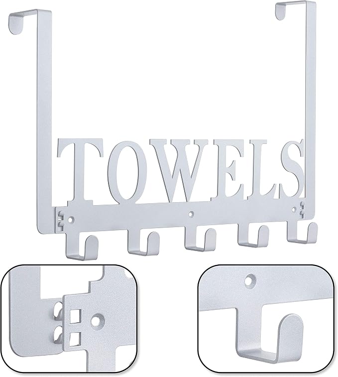 Kuhome Over The Door Hooks, Towel Hooks for Bathroom, Towel Rack Towel Holder for Bathroom Bedroom Kitchen Pool Beach Towels Bathrobe Wall Mount Hang on The Door Cabinet Cupboard (Silver Grey)