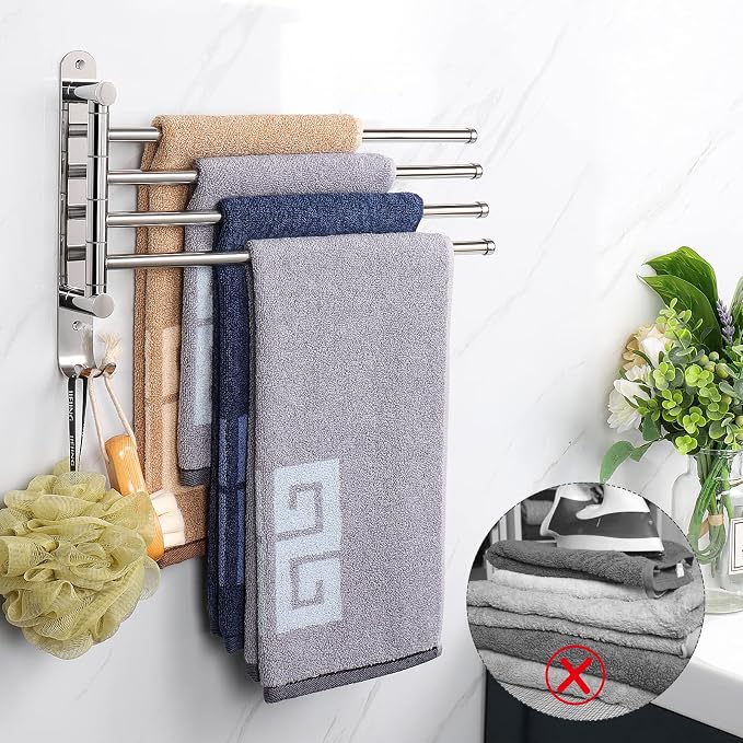NearMoon Swivel Towel Rack, 13.8" Thicken 304 Stainless Steel 4-Arm Towel Bar, Space Saving Wall Mounted Towel Holder with Hook, Rustproof Swing Out Towel Hanger for Bathroom, Kitchen (Chrome Finish)