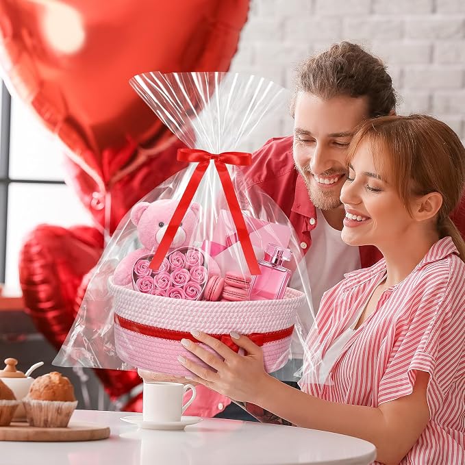 Colingmill 1 Set Woven Empty Basket for Gift,Pink Red | with Cellophane Wrap Set, 14 x 10 x 5.5 Inch, Medium Decorative Gift Basket, Cotton Rope Storage Box, Home Decor