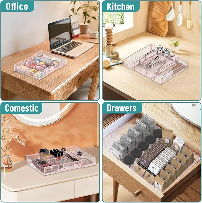 Expandable Desk Drawer Organizer, 10 Adjustable Compartments, Pink | Metal mesh drawer organizer tray with 5 removable dividers, expands from 8.74 to 16 in for office supplies, makeup or tools