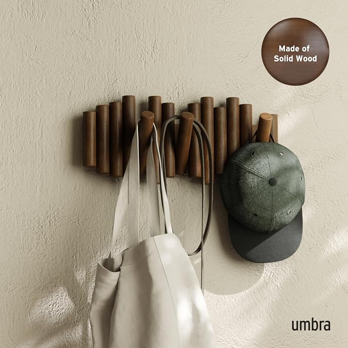 Umbra Picket Coat Rack, Wall Mount 5 Flip-Down Coat Hooks, Walnut | Beveled pine wood dowels, supports up to 5 lbs, mounting hardware included, space saving