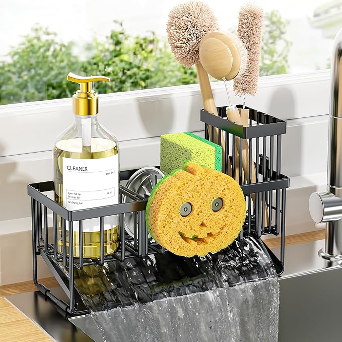 Cisily Kitchen Sink Caddy Organzier with High Brush Holder, Sponge Holder for Sink, 304 Rustproof Stainless, Kitchen Countertop Soap Dispenser Organizer (Black With Smiley Face Holder, 9.25″)