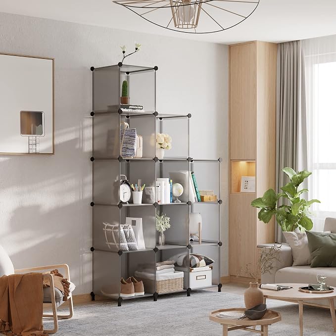 AWTATOS 12 Cube Storage Organizer, Closet Organizer Storage Shelves, Grey | Portable Closet Organizers, DIY Stackable Storage Cubes Shelves Bookshelf, Plastic Clothes Shelving for Home, Bedroom