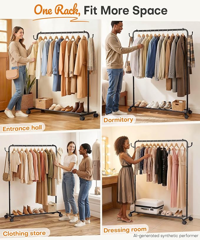 Homde Portable Clothes Rack for Bedroom: 4 Lockable Wheel Move Room-to-Room | Laundry to Closet in 1 Smooth Roll - No Heavy Lifting for Renters & Movers - 88 lbs Hanging Rod for Garment Coat to T-Shirt
