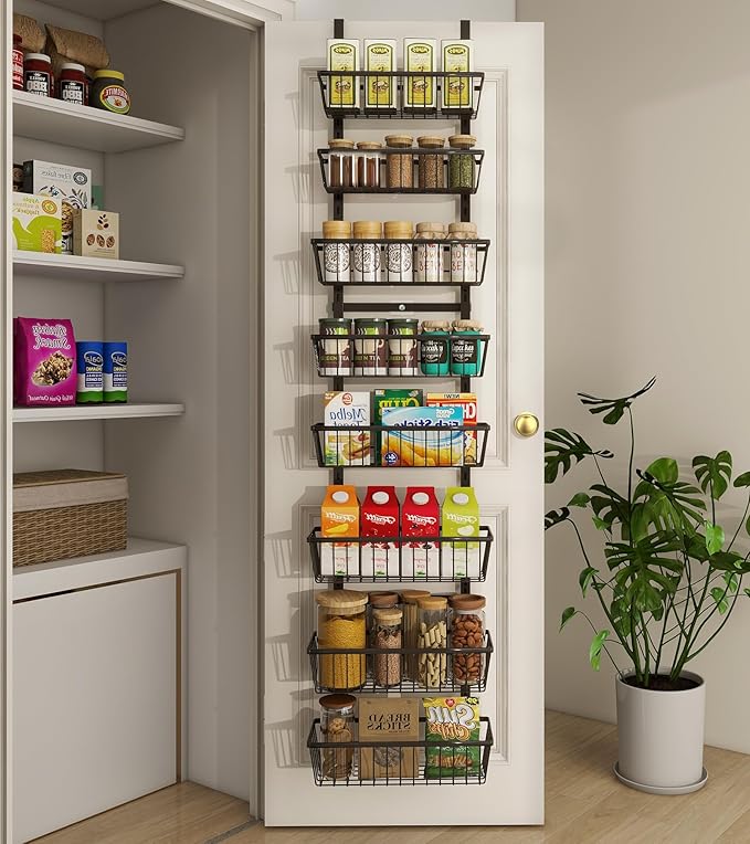 Mefirt 12 Inch Wide Narrow Over The Door Pantry Organizer Black 8-Tier | Pantry Organization and Storage, Metal Hanging Deep Basket Wall Spice Rack Seasoning Shelves, Home & Kitchen Essentials