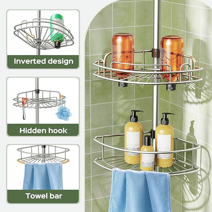HAMITOR Corner Shower Caddy Tension Pole: 4-Tier Rust-Resistant Adjustable Bathroom Organizer Shelves - 47.72-123.6 Inch No-Drill Quick Install - Space-Saving Storage for Renters Family - Silver Gray