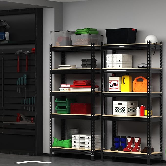 PrimeZone 5-Tier Garage Storage Shelves, Adjustable Metal Shelving, Black | 32"W x 16"D x 63" H, Heavy-Duty Metal Frame & Connectors, FSC MDF Boards, Deep Storage for Garage, Pantry, Warehouse, 4 PCS