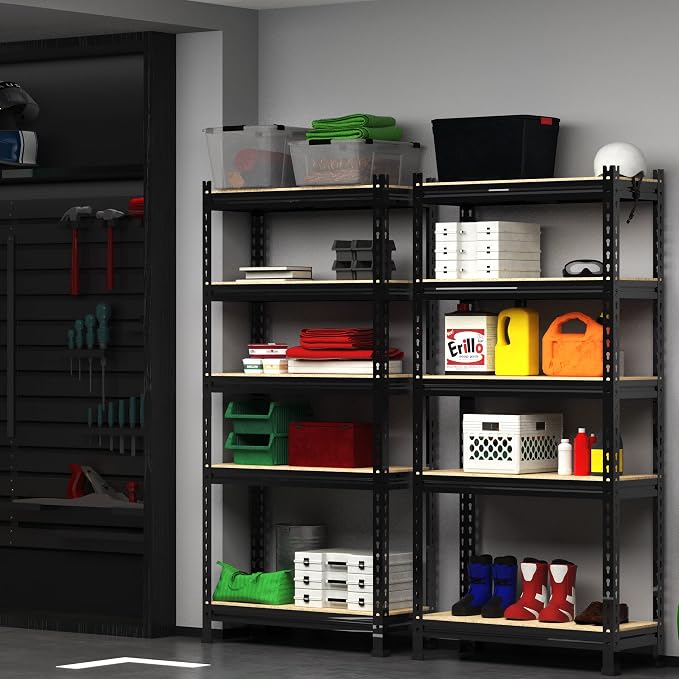 PrimeZone 5-Tier Garage Storage Shelves, Adjustable Metal Shelving, Black | Heavy-Duty Metal Frame & Connectors, FSC MDF Boards, Space-Saving Storage for Garage, Pantry, Closet, 28"W x 12"D x 59"H 4PCS