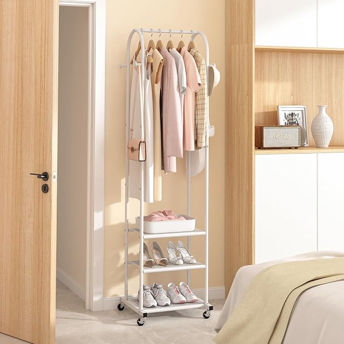 Kaitiemoo Clothing Rack, Mobile Garment Rack with Wheels & 3 Shelves, White | Heavy Duty Frame, Fits Small Spaces, 71.8 Inches Display Rack, Easy to install, White clothes rack