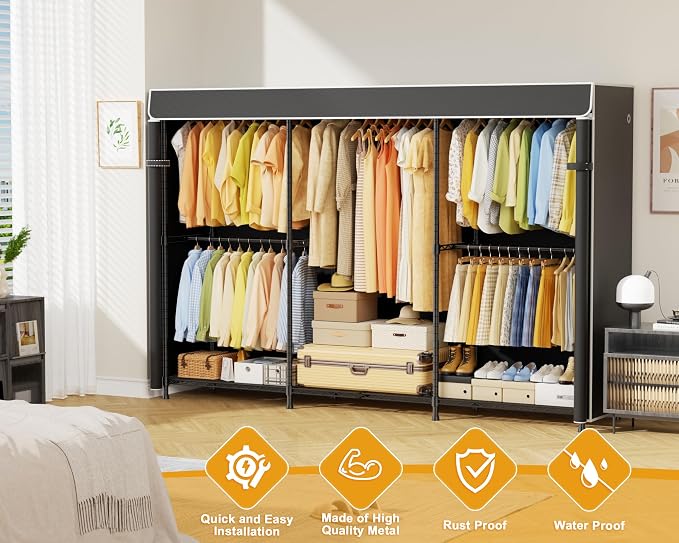 E14C Max Heavy Duty Closet Organizer System，Freestanding Clothing Racks for Hanging Clothes，Adjustable Garment Rack 86" W × 16" D × 77" H Hold 1060 lbs，Black Rack with Black Cover