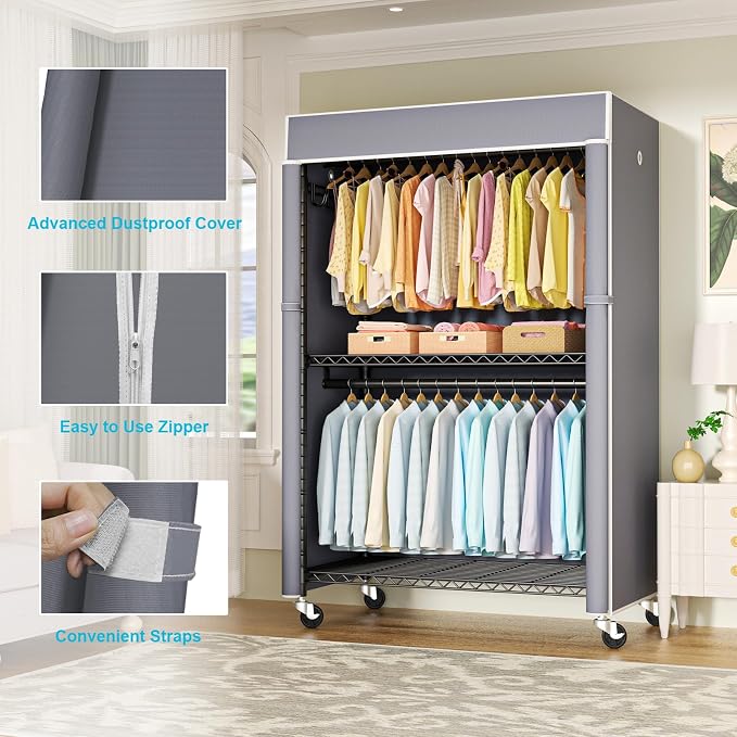 Black Clothing Rack with Grey Cover, P1C Plus Rolling Closets | Metal Garment Rack with Wheels for Hanging Clothes, Portable Clothing Storage Wardrobe