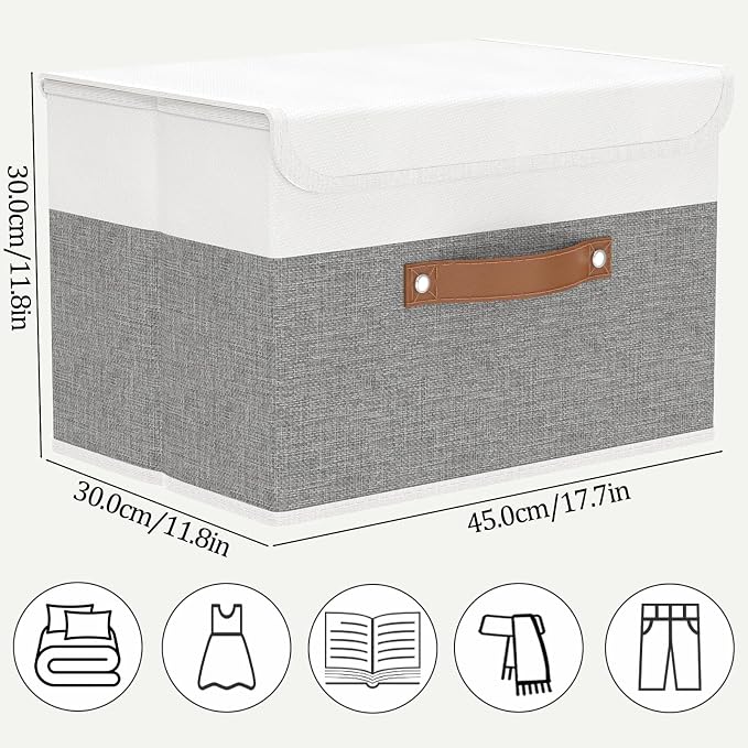 OUTBROS Storage Box with Lids, 17.7x11.8x11.8 inch (White/Grey, 1-Pack) | Foldable Linen Wardrobe Containers, Organiser For Towels, Clothes