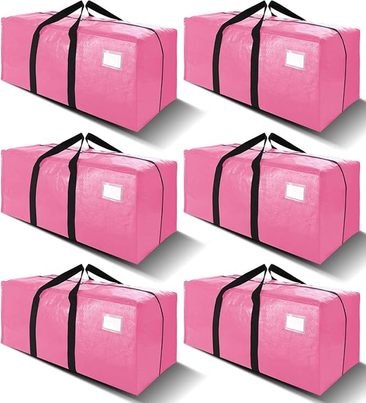 VELVETSURE 6 Pack Heavy Duty Large Moving Bags W/Backpack Straps - Strong Handles & Zippers, Storage Totes For Space Saving, Fold Flat, Alternative to Moving Box and Storage Bin, Pink