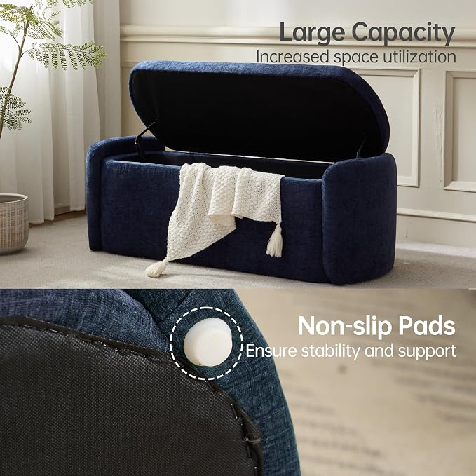 VKNOW Storage Bench, Upholstered Storage Ottoman Bench with Hinge, Navy | Ottoman Bench with Large Capacity, Curved Frame, Soft Fabric, Storage Bench for Bedroom, Living Room, Entryway, Window