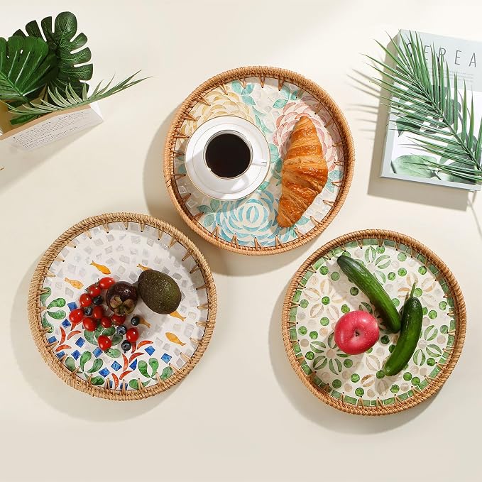 Round Rattan Tray with Mother of Pearl Inlay, Wooden Base | Coffee Table Serving Tray, Home Decorative Wicker Woven, for Outoor Patio Decor