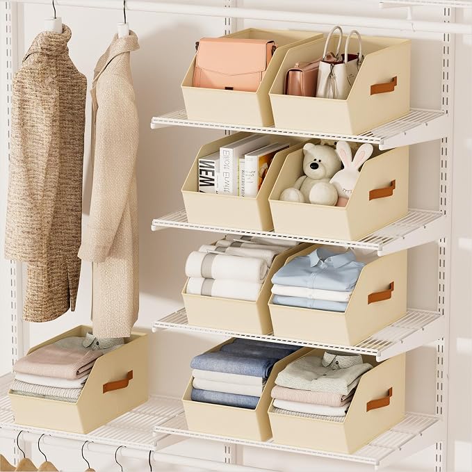 Homsorout Large Closet Storage Cubes - Closet Storage Bins with Dual Handles for Clothes, Towels, Toys, Shelf Organizer Bins for Bedroom, Nursery, Shelves, Small Spaces, Beige, 3 Pack
