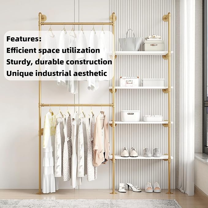 Industrial Pipe Clothing Rack | Hanging Rods Clothes Rack with Shelves, Clothes Rack for Wardrobe, Corner Closet System for Walk in Closets