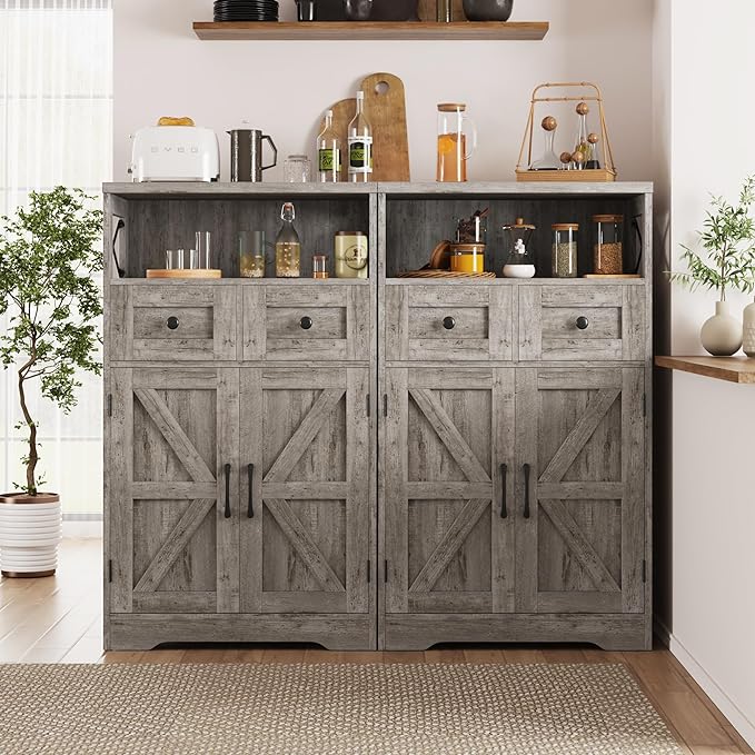 Farmhouse Storage Cabinet with Drawers, Small Kitchen Pantry Cabinet, Gray | Accent Coffee Bar Cabinet Cupboard, 2 Drawers, 2 Barn Doors & Adjustable Shelves, for Kitchen/Entryway/Living Room/Bathroom