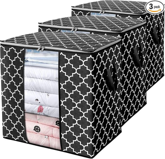 WISELIFE Storage Bags [3 Pack/100L] Large Blanket Clothes Organization and Storage Containers for Comforters,Bedding, Foldable Organizer with Reinforced Handle, Clear Window, Sturdy Zippers,Black