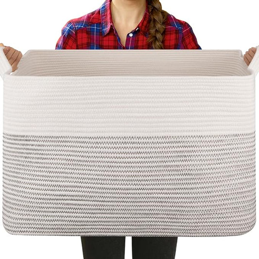 OIASKET Large Blanket Basket, Blanket Storage Living Room, Rectangle Woven Baskets for Storage Toys, Towels, Diry Clothes Organizer Bins (Black & White, 24"x16.9"x14.2")