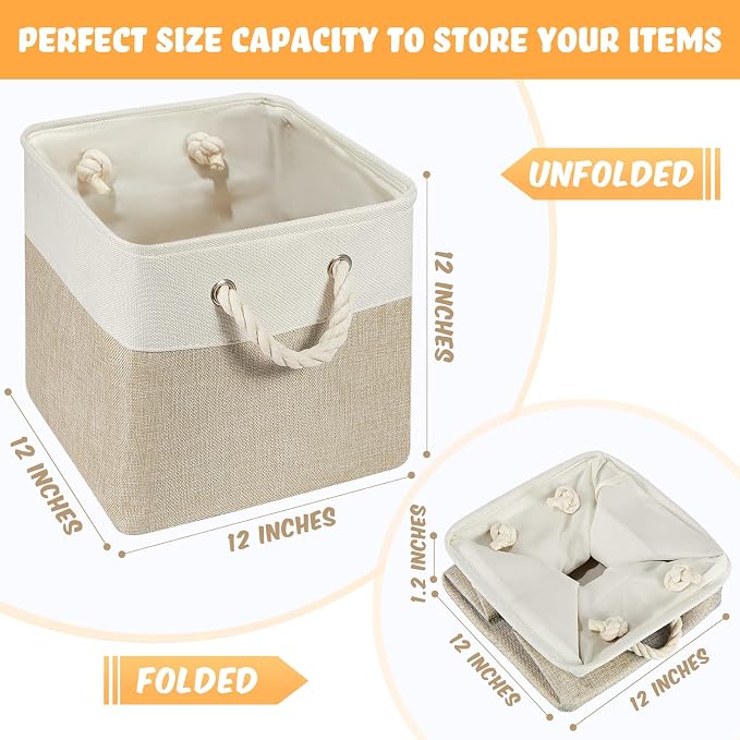 Geiserailie 6 Pcs 12 x 12 Inch Cube Storage Bins Fabric Storage Organizer Bins Foldable Cube Baskets with Sturdy Carry Handles Wicker Baskets for Home (White,Light Brown)