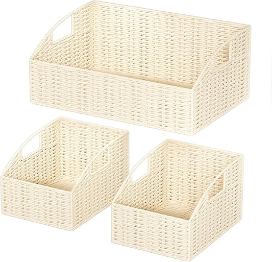 Pantry Baskets for Organizing, Wicker Storage Basket Beige | Handwoven Pantry Organizers and Storage with Built-in Handles, Laundryroom Organization Storage Bins for Snack Cans