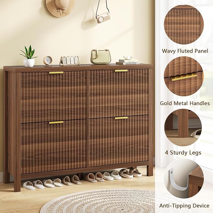 47" Fluted Shoe Cabinet Stoarge with 4 Flip Drawers for Entryway, Hallway | Hidden Shoe Rack Slim Freestanding Shoe Organizer with Legs for Hallway, Living Room, Walnut