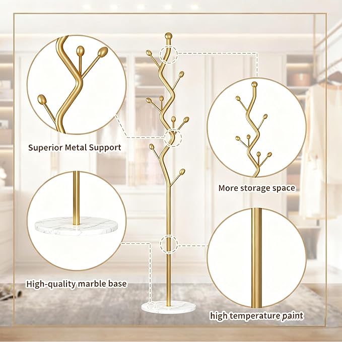 68.9 Inch Tall Modern Coat Rack,Gold Freestanding Coat Rack Tree,Heavy-Duty Metal Coat Rack Freestanding with Sturdy Marble Base for Entryway,Hallway,Bedroom,Holds Coats Hats Bags Scarves