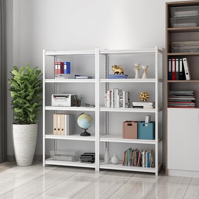5 Tier Metal Storage Shelves Adjustable Garage Shelving, Heavy Duty Industrial Utility Rack Organization for Kitchen, Pantry, Closet, Garage, Office (White)