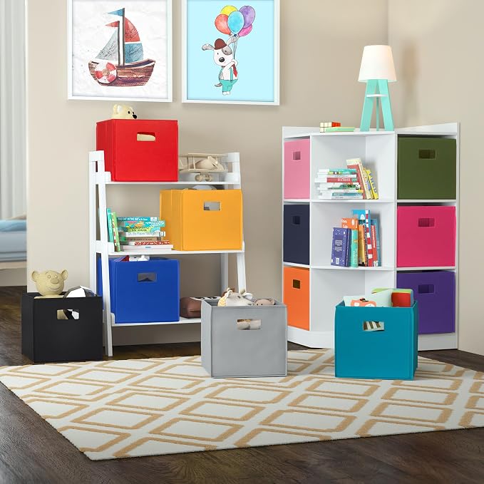 RiverRidge Folding Storage Bins - 2-pack of 10in Tall Blue Cubes | Fabric Bins, Set of 2 Storage Cubes, Cut-out Handles, Playroom Closet Organizer, Collapsible Cubby with Bottom Board Insert