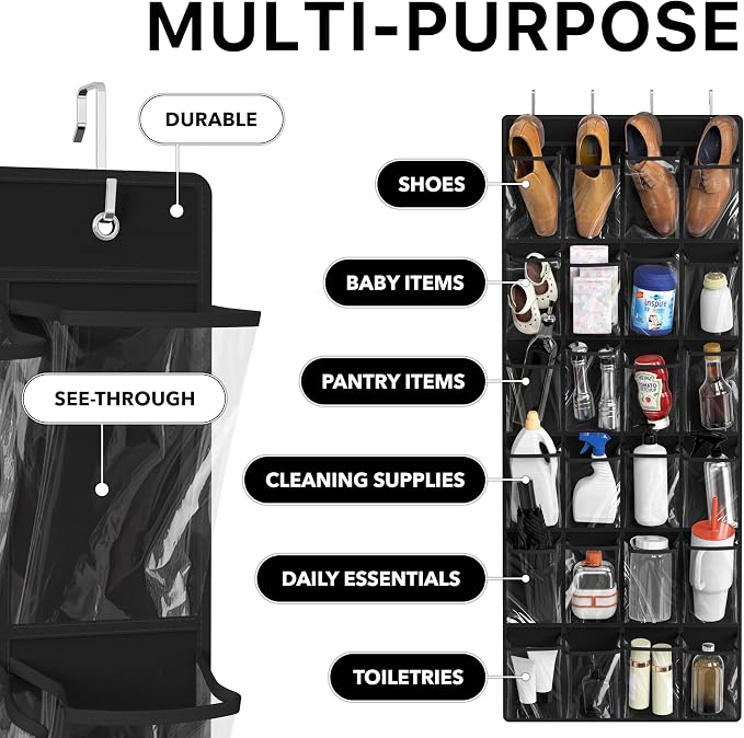 Simple Houseware 24 Pockets Large Clear Over the Door Shoe Organizer, Black | 56" x 22.5", 4 Durable Metal Hooks, 5" x 9" Pocket Size, Multipurpose